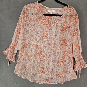 Umgee USA Large Popover Sheer Shirt Orange Floral Ruffle Sleeve Boho Cottagecore
